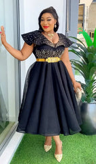 Elegant Summer Short Sleeve Dress Glitter Rhinestone Evening Party Slim Dresses A-Line Gown Women African Clothes L-3XL