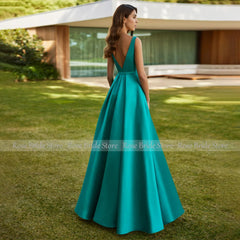 Turquoise Evening Dress Satin Deep V Neck A Line Formal Party Gowns 2024 Belt Pockets Backless Floor Length Women's Evening Gown SHOWLU FASHION STORE