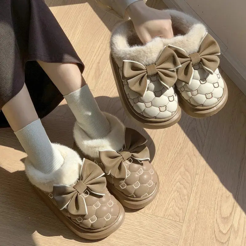 Platform Ankle Boots Female Bowknot Designer Winter Snow Booties Indoor Fluffy Slippers Women House Flats Fashion Footwear Warm SHOWLU FASHION STORE