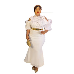Stylish Sparkly Diamond Women Evening Party Dress High Collar Ruffles Cold Shoulder Short Sleeve With Belt Wedding Occasion Gown