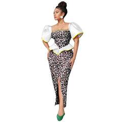 Africa Ankara Printed Women's Dress Short Sleeve Patchwork Square Neck Bubble Sleeve Split Dresses 2425186 SHOWLU FASHION STORE