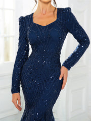 Romagic Long Sleeves Sweetheart Neck A Line Mesh Formal Evening Dress Floor Length Women Prom Party Dresses Winter SHOWLU FASHION STORE