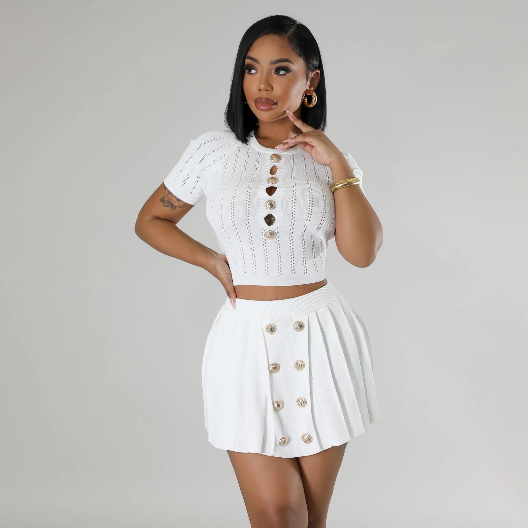 2 Pieces Set Sexy Summer Spring Fashion Knit Women Set 2024 Female Pullover Tops Yellow Short Sleeve Top And Mini Skirts SHOWLU FASHION STORE