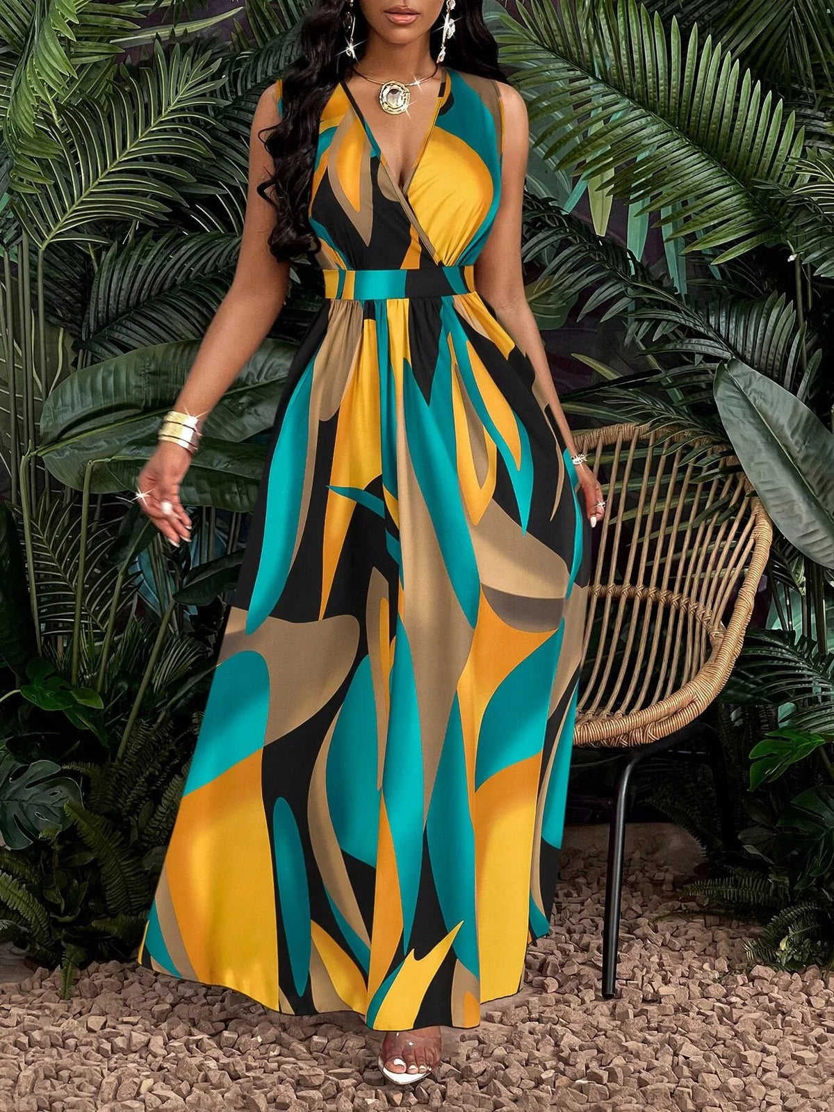 Tropical Print V-Neck Waist Section Cable Knit Fit And Flare Dress Maxi Women Outfit SHOWLU FASHION STORE
