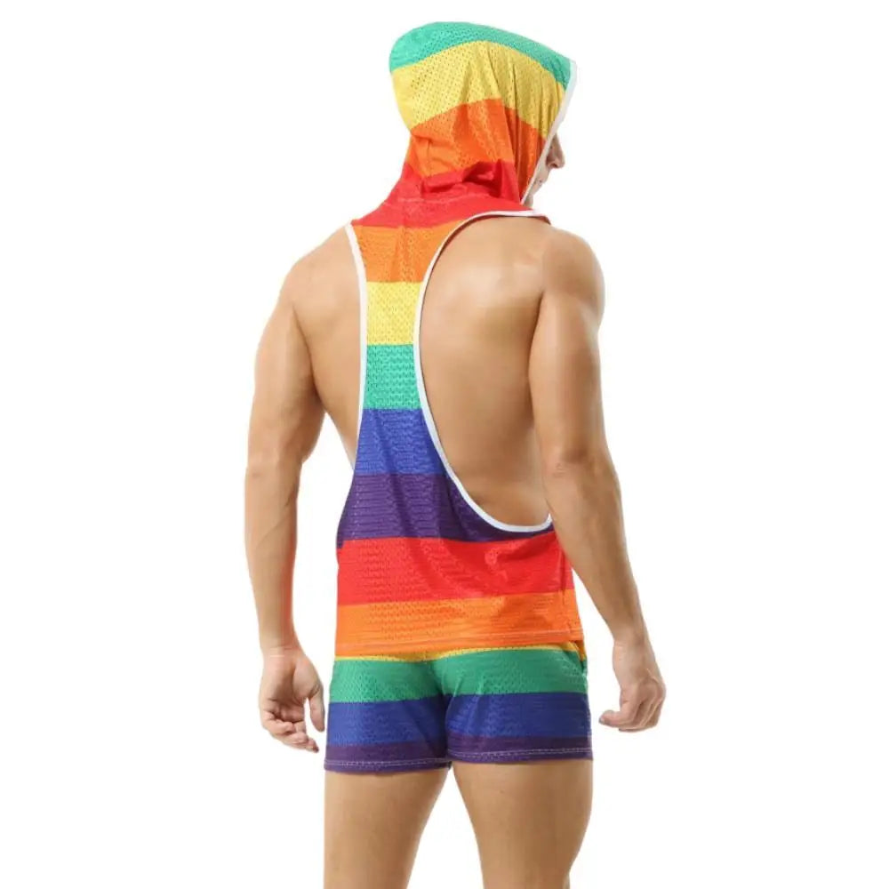 Men's Sets Rainbow Hooded Men's Tank Tops Mesh Breathable V-neck Vests Men Shorts Streetwear Tops Tee Sports Fitness Singlets SHOWLU FASHION STORE