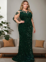 Blue O Neck Sequin Formal Evening Dress Long Sleeves See-through Mesh Stretchy Floor Length Women Party Elegant Wedding Dresses SHOWLU FASHION STORE