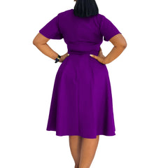 Women's plus Size Swing Dress Summer 2025 Fashion Temperament Solid Color Lace-Up Short-Sleeved Elegant Casual Maxi Dress