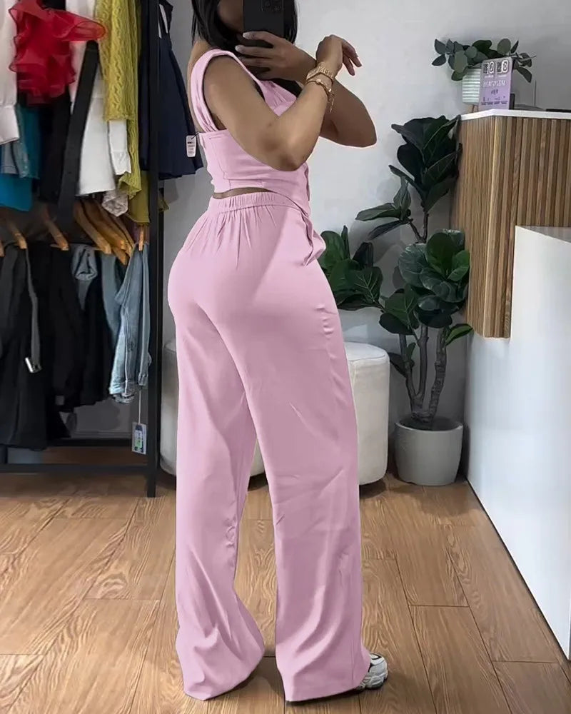 Elegant Women 2 Piece Thick Strap Button Front Slim Fit Tank Top and High Waist Wide Leg Pants Casual Outfit Set SHOWLU FASHION STORE
