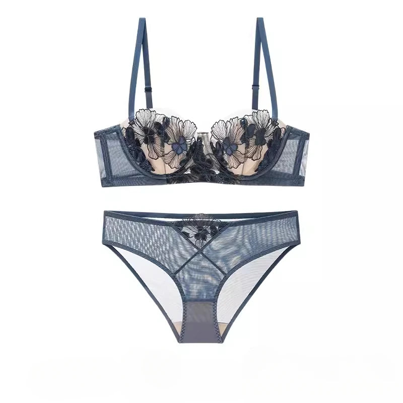 Rabbit Ears Big Chest Small Thin Bra French Underwear Soft Underwire Sexy European and American Embroidery Bra Set for Women SHOWLU FASHION STORE