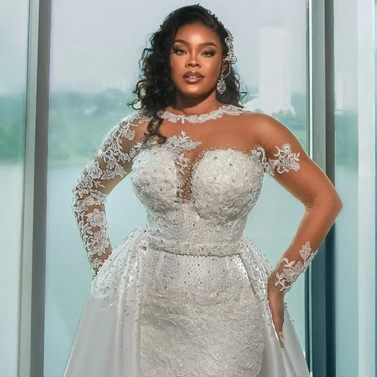 Customized Sexy Arabic Mermaid Wedding Dresses Sheer Neck Lace Applique Beads Long Sleeves Removable Tail Bridal Gowns Africa SHOWLU FASHION STORE