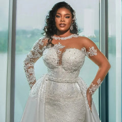 Customized Sexy Arabic Mermaid Wedding Dresses Sheer Neck Lace Applique Beads Long Sleeves Removable Tail Bridal Gowns Africa SHOWLU FASHION STORE