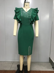 Wedding Guest Dresses V Neck Petal Short Sleeve Crystal Embellished Fitted Sexy Evening Dress Elegant Red Design