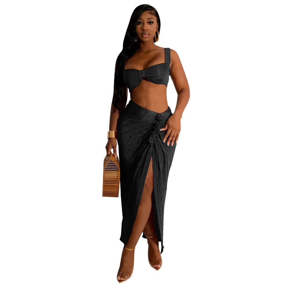 Summer Dresses for Women Two Pieces Set Sexy Backless Halter Top and High Waist Side Slit Pleated Skirt Matching Lady Streetwear SHOWLU FASHION STORE