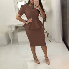 Elegant Women's Skirt Sets Solid Zipper V-neck Slim Top + Package Hip Knee-Length Skrits Suits Female Casual Work Two Pieces Set