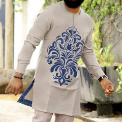 African Ethnic Mens Casual Set 2 Piece Long Sleeve Solid Patchwork Shirt Pants Comfy Loungewear Outfit 2024 New Autumn