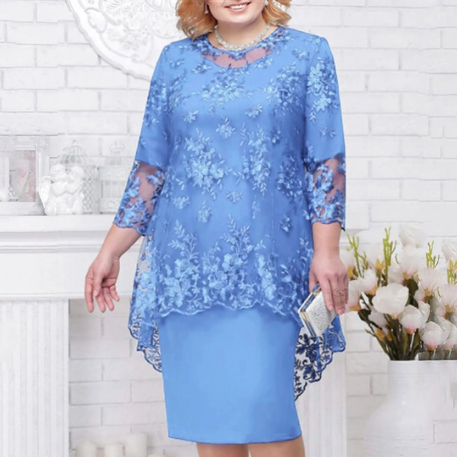 Women's Elegant Lace Embroidery Evening Dress Half Sleeve Knee-Length Round Neck Solid Temperment Dress For Middle-Age Women SHOWLU FASHION STORE
