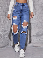 American Retro Hole-punched Jeans Women High Waist Straight-crotch Loose Slim Design High-street Vibe Wide-legged Dragging Pants SHOWLU FASHION STORE