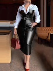 Womens Shirt Collar Dresses New Autumn Buttons Long Sleeve PU Leather Patchwork Pocket Skinny Belted Lapel Female Midi Dress SHOWLU FASHION STORE