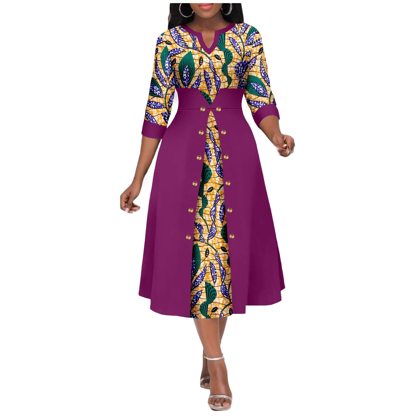 Africa Ankara Printed Fabric Women's Dress V Neck Sexy Double Hem Splicing Clash Color Model Skirt 2425190 SHOWLU FASHION STORE