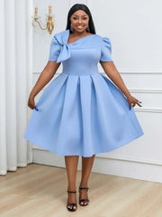 Women Prom Party Dress Bowtie Short Sleeve Pleated Fit and Flare Princess Elegant Formal Birthday Event Gowns Plus Size New