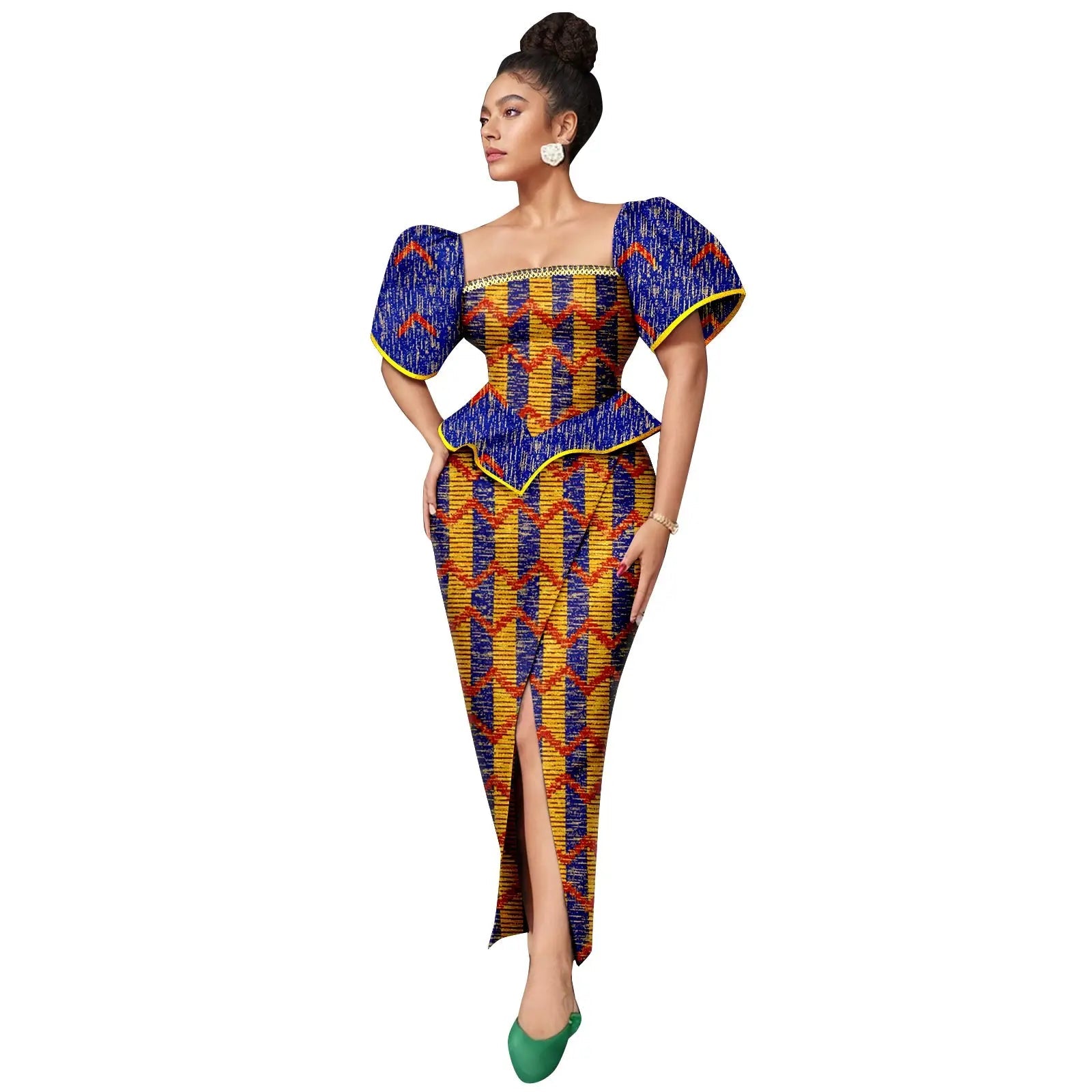 Africa Ankara Printed Women's Dress Short Sleeve Patchwork Square Neck Bubble Sleeve Split Dresses 2425186 SHOWLU FASHION STORE