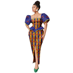 Africa Ankara Printed Women's Dress Short Sleeve Patchwork Square Neck Bubble Sleeve Split Dresses 2425186 SHOWLU FASHION STORE
