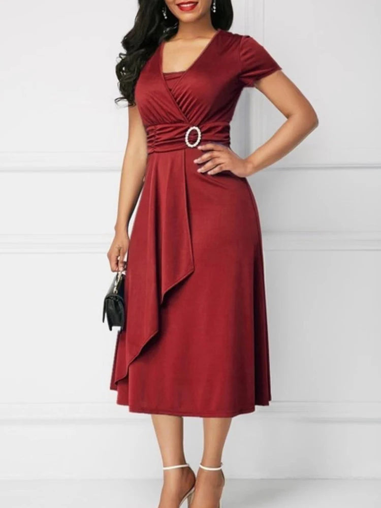 Summer Dresses Elegant Women Solid Color Short Sleeve V Neck Asymmetric Hem Waist Tight Midi Party Dress Ladies Evening Vestidos SHOWLU FASHION STORE