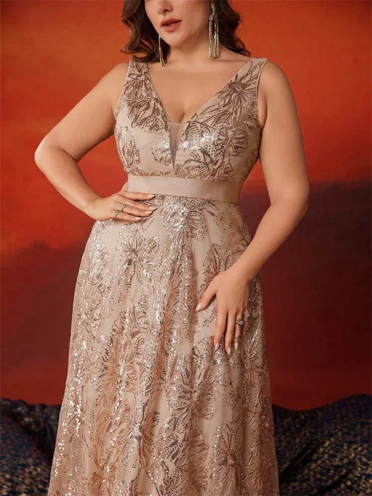Lucyinlove Plus Size Luxury Deep V-Neck Sequins Blue Evening Dress Women Elegant V-back Wedding Party Long Prom Cocktail Dresses SHOWLU FASHION STORE