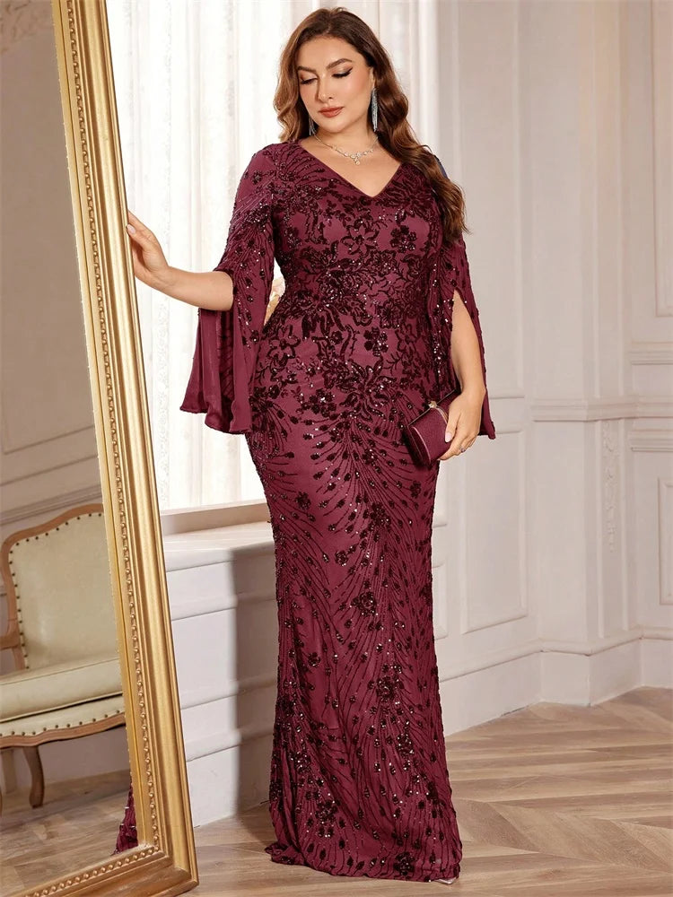 Lucyinlove Plus Size Luxury Gold Evening Dresses Women 2024 Long Sleeve Mermaid Formal Sequins Prom Wedding Party Cocktail Gowns SHOWLU FASHION STORE