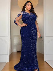 Blue O Neck Sequin Formal Evening Dress Long Sleeves See-through Mesh Stretchy Floor Length Women Party Elegant Wedding Dresses SHOWLU FASHION STORE