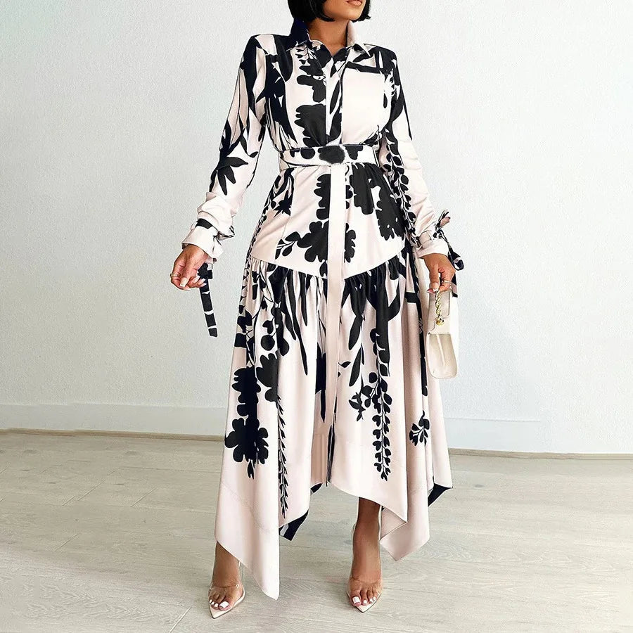 Elegant Printed Dresses Woman 2024 Turn Down Collar Single Breasted Full Sleeve Asymmetric Ankle Length Fashion Birthday Dress SHOWLU FASHION STORE