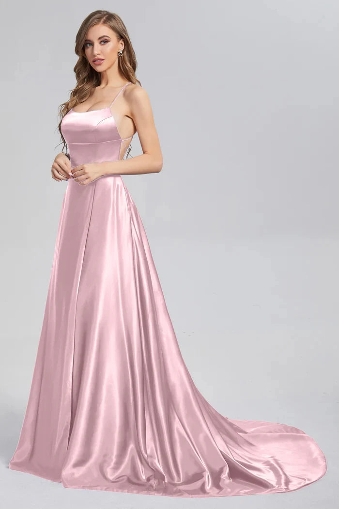 2024 New 3 Styles Simple Satin Bridesmaid Dress Cowl Neckline with Tieing Thin Straps Evening Dress Leg Slit  A-line Prom Dress SHOWLU FASHION STORE