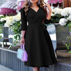 Women's Fashion V-neck Strap Waist Dress New Mid-sleeve Women's Dress Temperament Commuter Women's Dress SHOWLU FASHION STORE