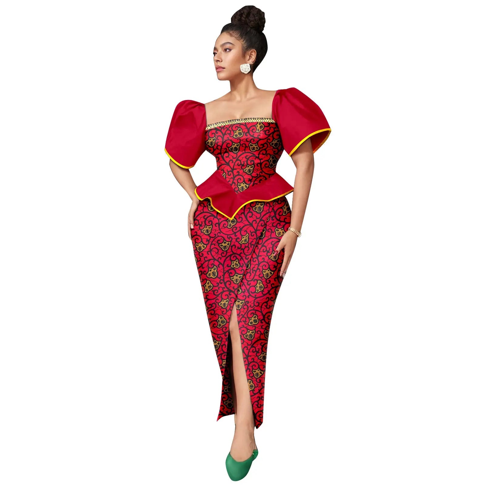 Africa Ankara Printed Women's Dress Short Sleeve Patchwork Square Neck Bubble Sleeve Split Dresses 2425186 SHOWLU FASHION STORE