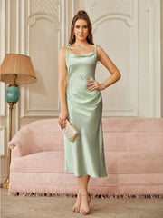 2024 New 3 Styles Simple Satin Bridesmaid Dress Cowl Neckline with Tieing Thin Straps Evening Dress Leg Slit  A-line Prom Dress SHOWLU FASHION STORE