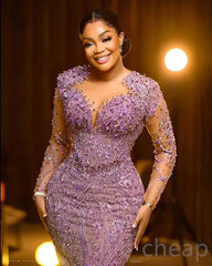 2024 Aso Ebi Lilac Mermaid Prom Dresses Beads Sexy Evening Formal Party Second Reception Birthday Engagement Gown Robe De Soiree SHOWLU FASHION STORE