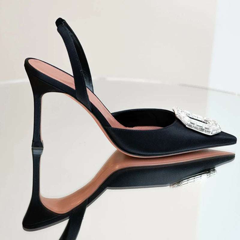 Rhinestone Toe Sandals Women's New Black Versatile Temperament Silk Pointed Toe Back Strap Stiletto Heels SHOWLU FASHION STORE