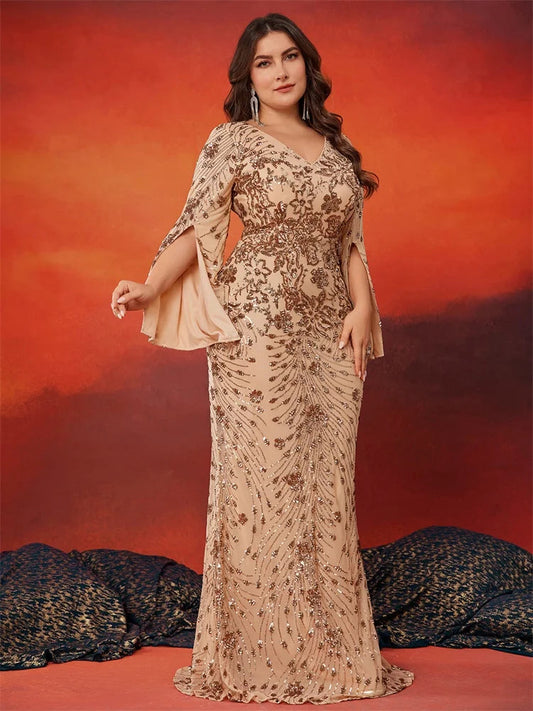 Lucyinlove Plus Size Luxury Gold Evening Dresses Women 2024 Long Sleeve Mermaid Formal Sequins Prom Wedding Party Cocktail Gowns SHOWLU FASHION STORE