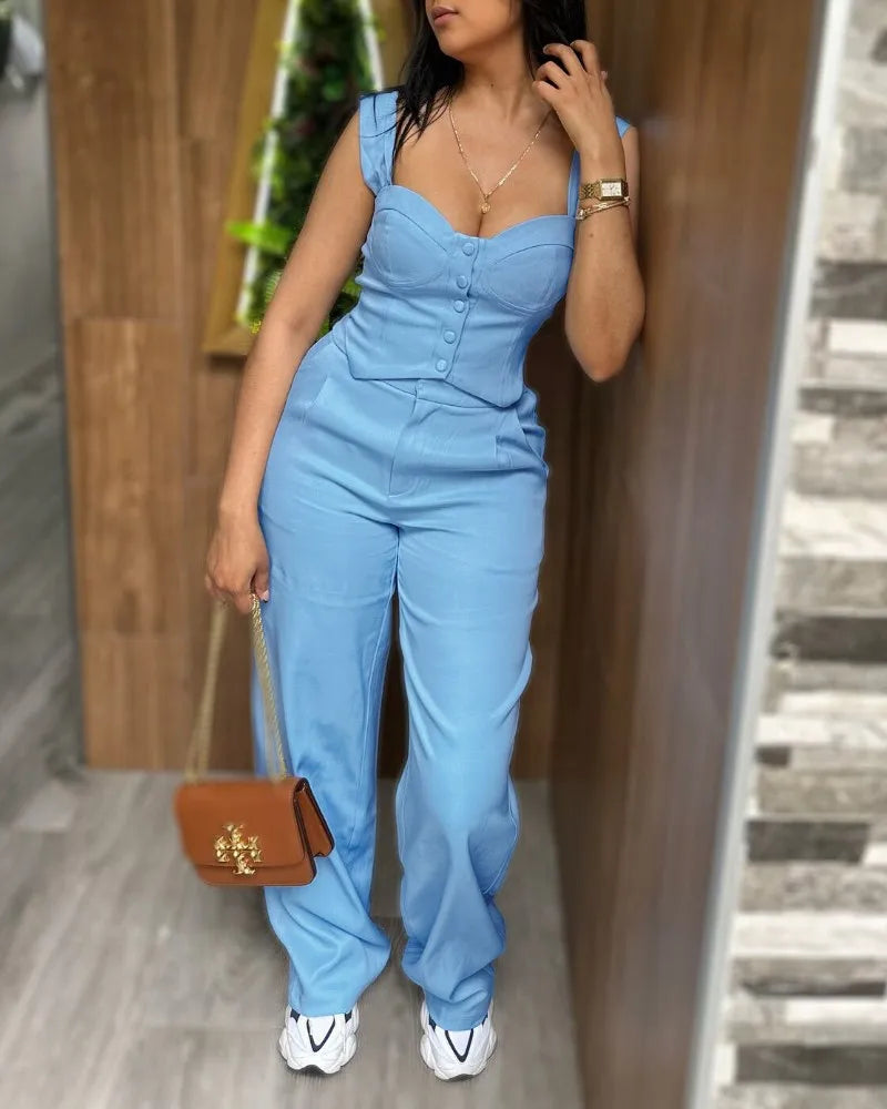 Elegant Women 2 Piece Thick Strap Button Front Slim Fit Tank Top and High Waist Wide Leg Pants Casual Outfit Set SHOWLU FASHION STORE