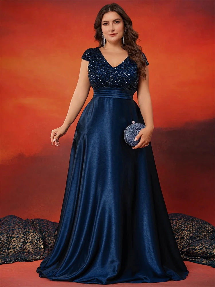 XUIBOL Plus Size Elegant V-Neck Green Sequin Evening Dress Long Luxury Women Satin Short Sleeves Party Prom Cocktail Dress SHOWLU FASHION STORE