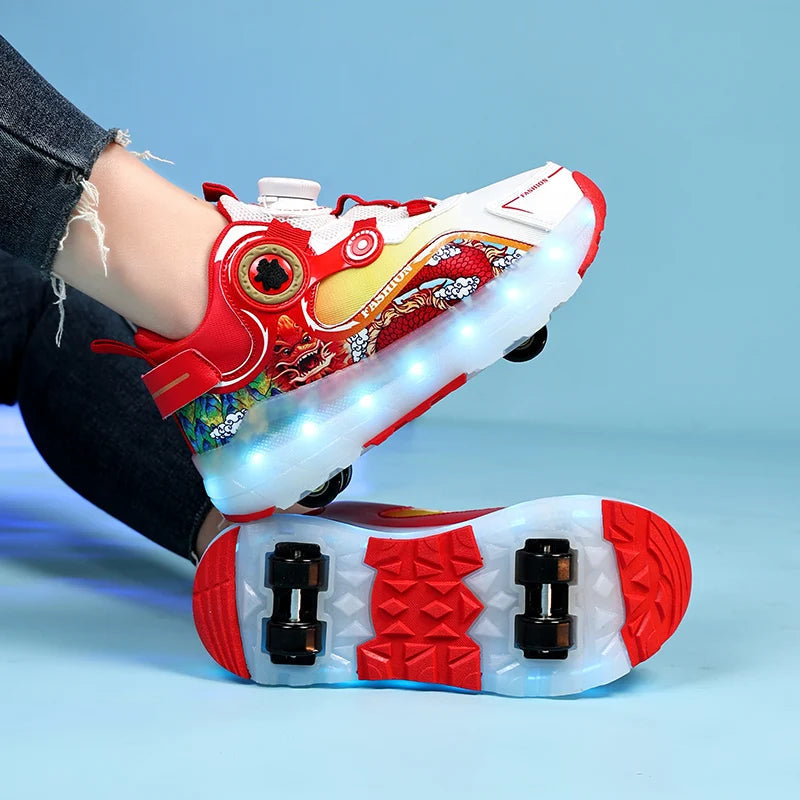 Children Four Wheels Luminous Glowing Sneakers Black Pink Led Light Roller Skate Shoes Kids Led Shoes Boys Girls USB Charging SHOWLU FASHION STORE