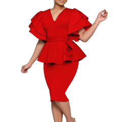 Women Short Sleeve V-Neck Ruffle Sleeve Peplum Bodycon Midi Dress 2025 Latest Fashion Summer African OL Work Evening Party Dress