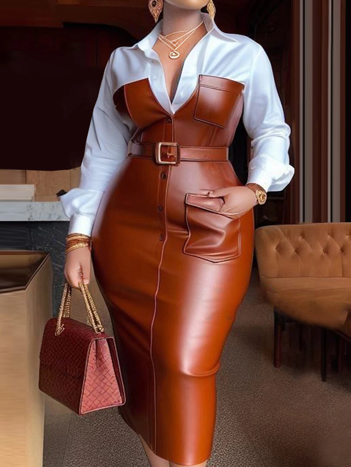 Womens Shirt Collar Dresses New Autumn Buttons Long Sleeve PU Leather Patchwork Pocket Skinny Belted Lapel Female Midi Dress SHOWLU FASHION STORE