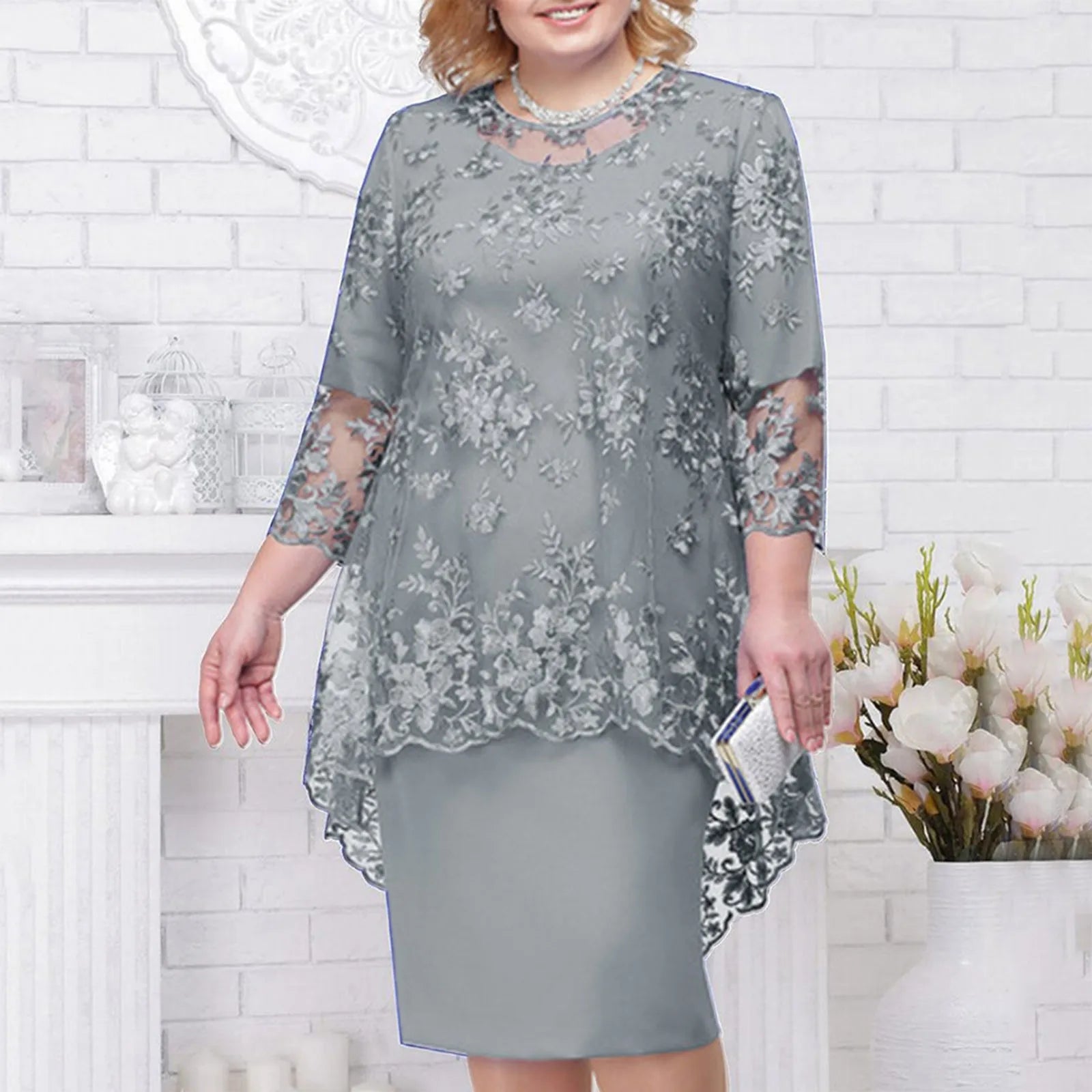 Women's Elegant Lace Embroidery Evening Dress Half Sleeve Knee-Length Round Neck Solid Temperment Dress For Middle-Age Women SHOWLU FASHION STORE