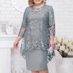 Women's Elegant Lace Embroidery Evening Dress Half Sleeve Knee-Length Round Neck Solid Temperment Dress For Middle-Age Women SHOWLU FASHION STORE