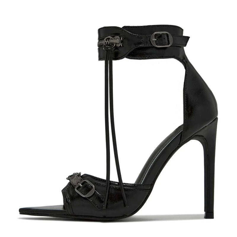 Liyke Summer Fashion Zip Tassel Women Sandals Metal Rivet Buckle Pointed Open Toe Stripper Heels Wedding Banquet Shoes Stiletto SHOWLU FASHION STORE