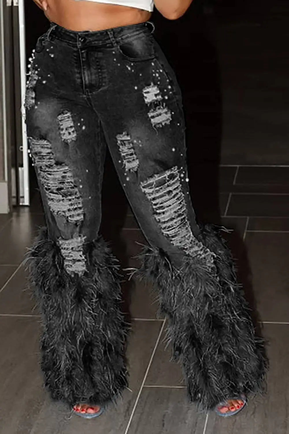 Fashion Women's Jeans Tassel Holes Vitnage Feather High Waist Y2K Streetwear Casual Denim Pant Spring Skinny Hollow Out Trousers SHOWLU FASHION STORE