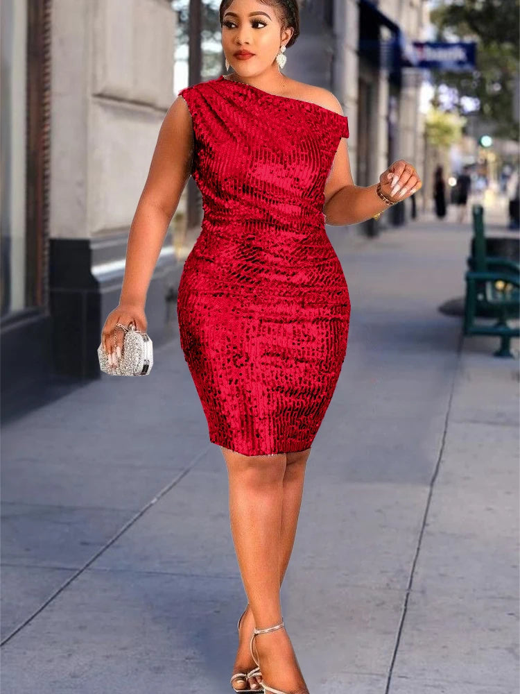 Sequin Dress Women Party Night Shiny Glitter Fashion Bodycon Prom Robe Large Size Sequins One Shoulder Quinceanera Gowns New In SHOWLU FASHION STORE