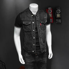 New High Quality Fall on The New Fashion Handsome Trend Everything Black Stand Collar Large Size Cowboy Vest Man   Vest for Men SHOWLU FASHION STORE