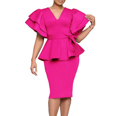 Women Short Sleeve V-Neck Ruffle Sleeve Peplum Bodycon Midi Dress 2025 Latest Fashion Summer African OL Work Evening Party Dress